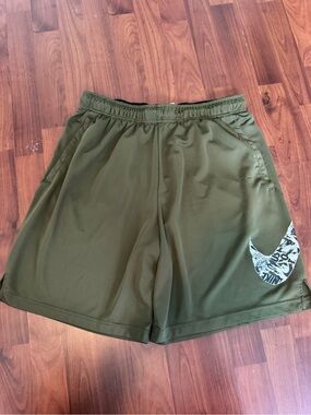 Nike Olive Athletic Shorts with Patterned Swoosh
